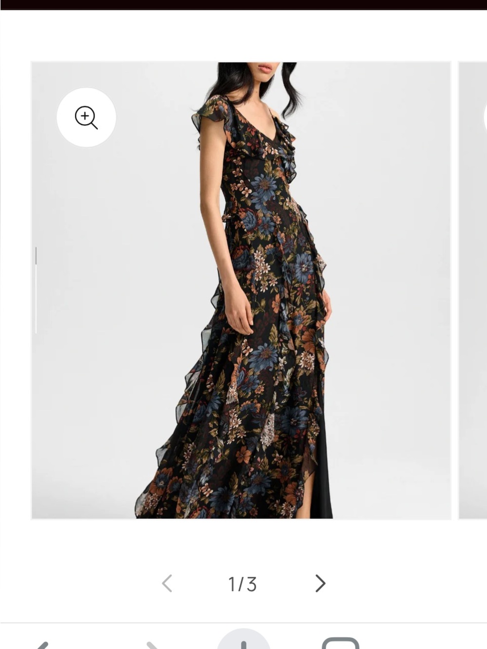 Veronica Beard Black Floral Ruffled Maxi Dress with Blue & Brown Blooms